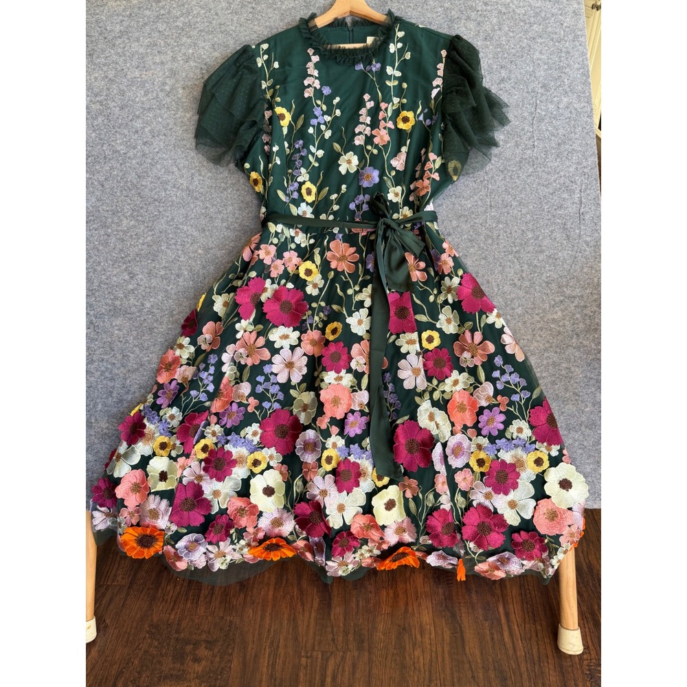 Jessakae Dress Womens 3X Plus Size Floral Embroidered Dark Green Tulle Midi